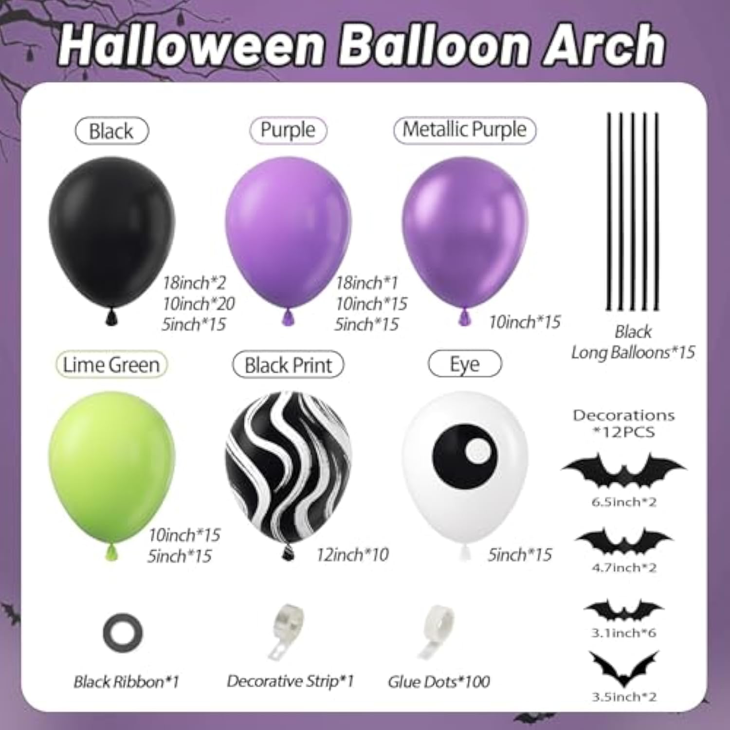 157pcs Halloween Balloon Arch Kit Green Purple Black Metallic Balloons Party Decor
