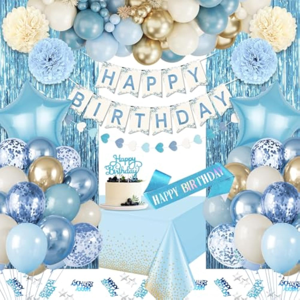 Blue Birthday Decorations, Blue Party Decor With Dusty Baby Blue Gold Balloons Happy Birthday Banner Birthday Sash Tablecloth Fringe Curtain Light Blue Bday Decorations For Baby Boys Girl Men Women