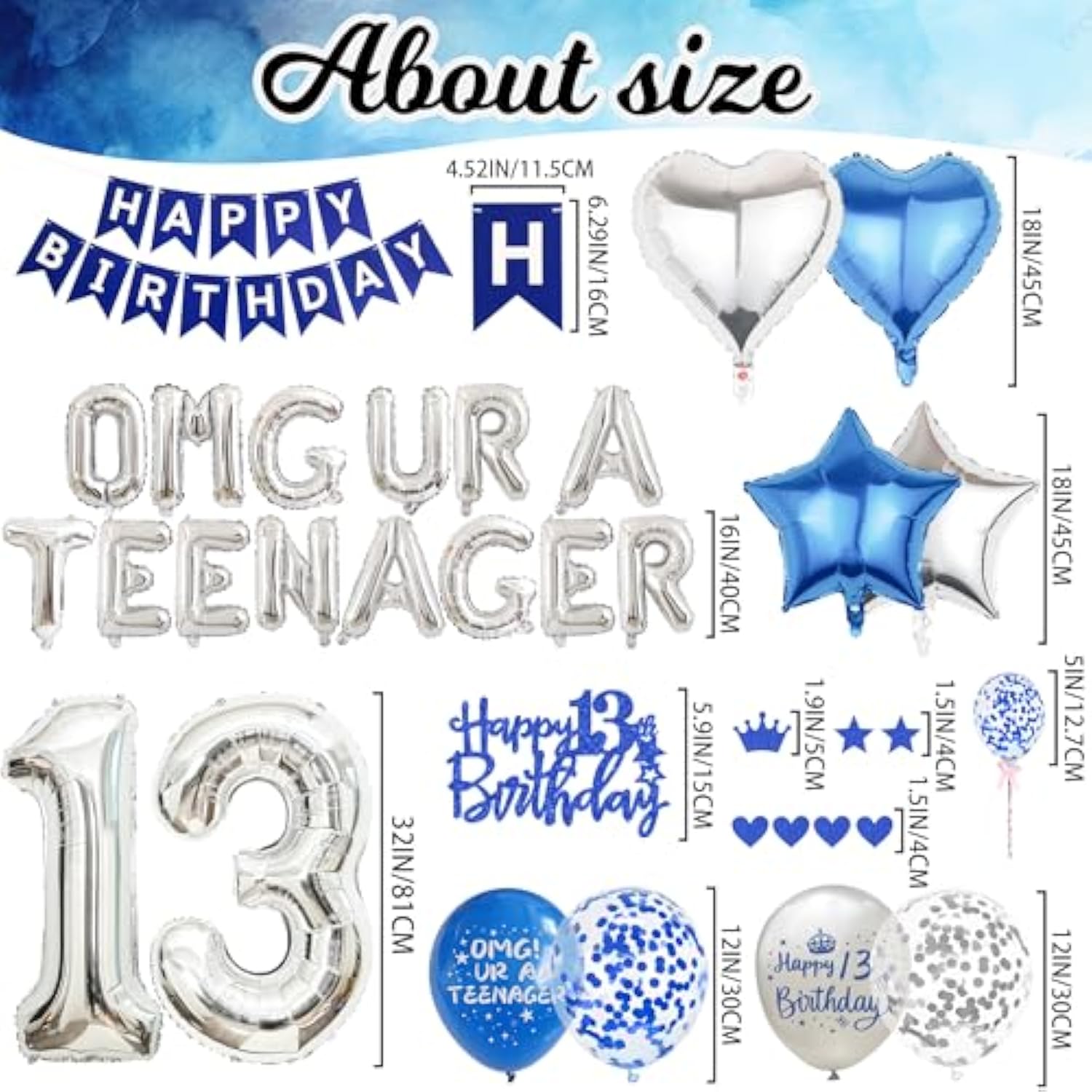 13Th Birthday Decorations For Boys - Teenager Party Supplies Blue Silver Happy Birthday Banner, Omg Ur A Teenager Foil Balloons Number 13 Balloon Cake Topper For 13 Year Old Teen