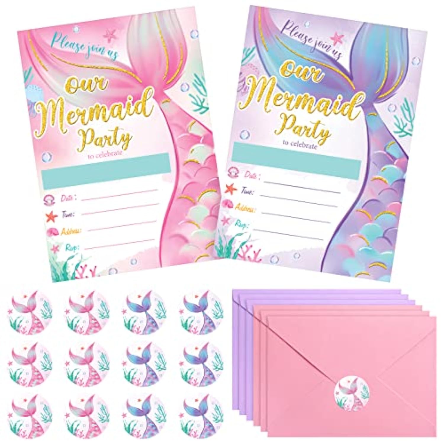 24 Sets Mermaid Birthday Invitations Include Mermaid Party Invitations Cards, Envelopes And Stickers For Girl Ocean Under The Sea Party Decorations Pool Birthday Supplies