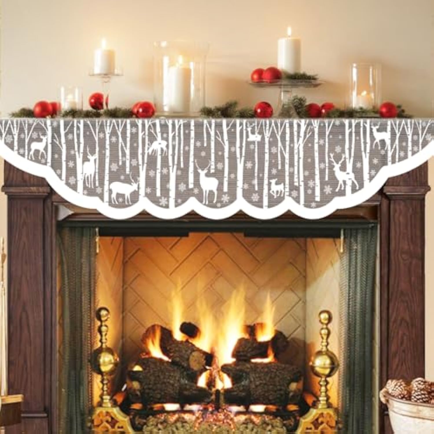 White Christmas Fireplace Mantel Cover – Lace Reindeer Snowflake Mantle Scarf Garland Runner Decor - Xmas Fireplace Decorations For Living Room – Winter Holiday Birch Tree Snow Woodland Mantel Scarf