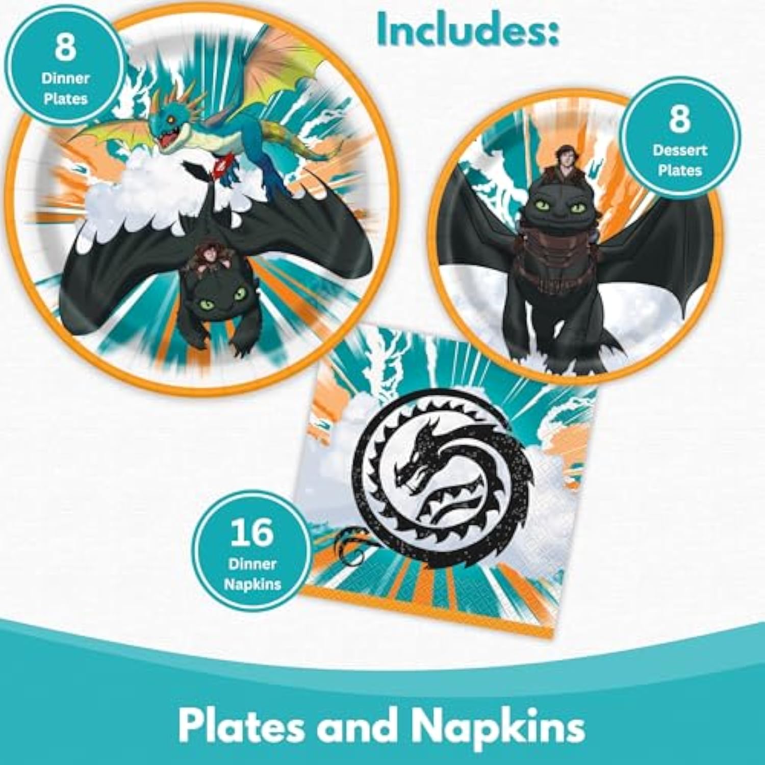 Unique How To Train Your Dragon Plates and Napkins - How To Train Your Dragon Party Supplies - 8 Dinner and Dessert Plates, 16 Napkins - Birthday Decorations for 8 Guests
