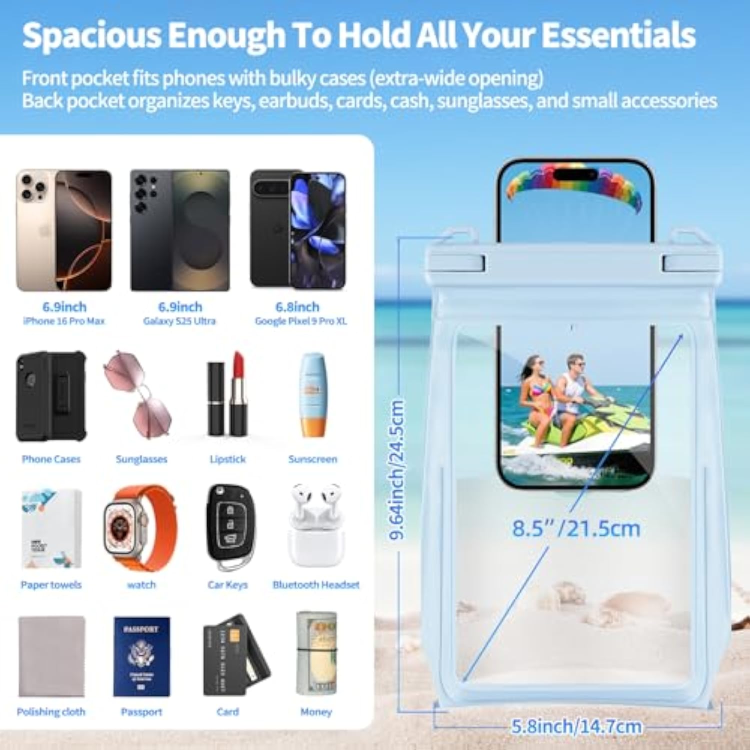 Large Waterproof Phone Pouch Floating, Waterproof Phone Case For Iphone 15 14 Pro Max 13 12 Plus 11 Xs Xr X Samsung Up To 8.5'', Ipx8 Water Proof Cell Phone Dry Bag For Beach Swimming Kayaking, Blue