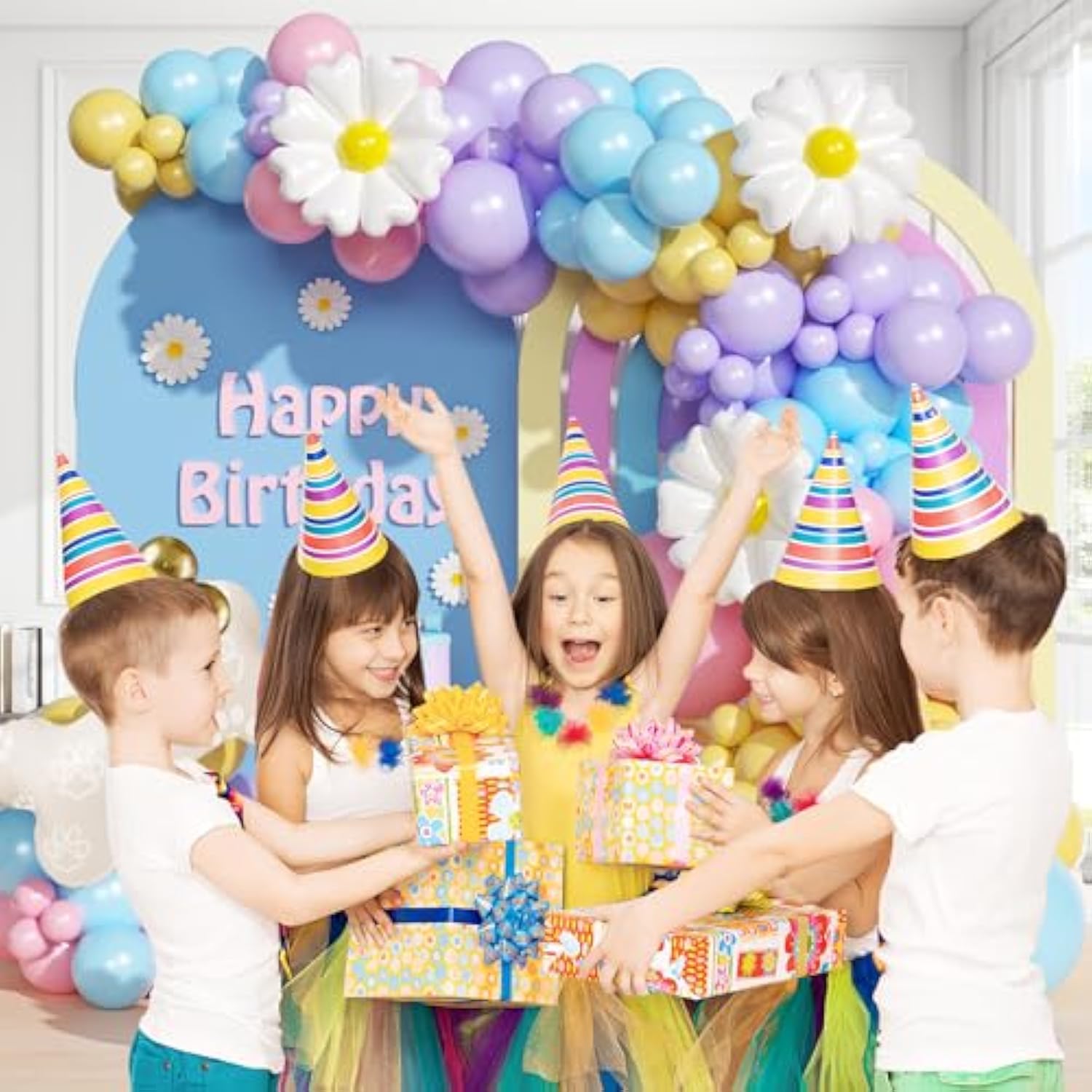 161Pcs Pastel Balloons Arch Kit, Dog Paw Birthday Decorations With Pastel Pink Yellow Blue Purple Daisy Dog Bone Balloons For Theme Baby Shower Blue Birthday Party Decorations