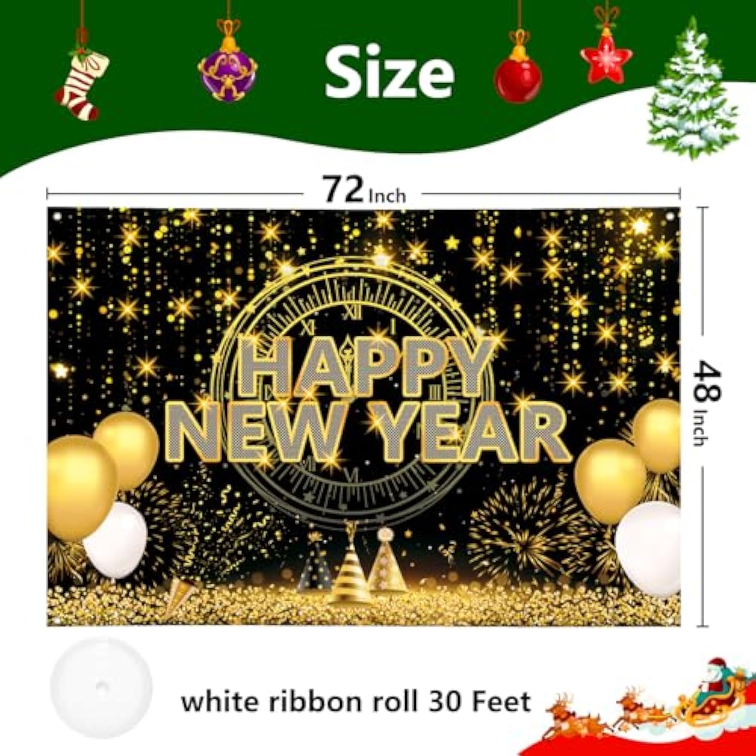 Extra Large Happy New Year Banner 72x48in Firework Balloons Party Backdrop