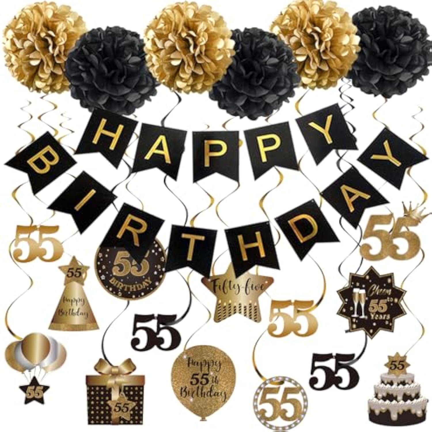 14PCS 55th Birthday Hanging Swirls, Black & Gold Streamers with Banner  Pompoms