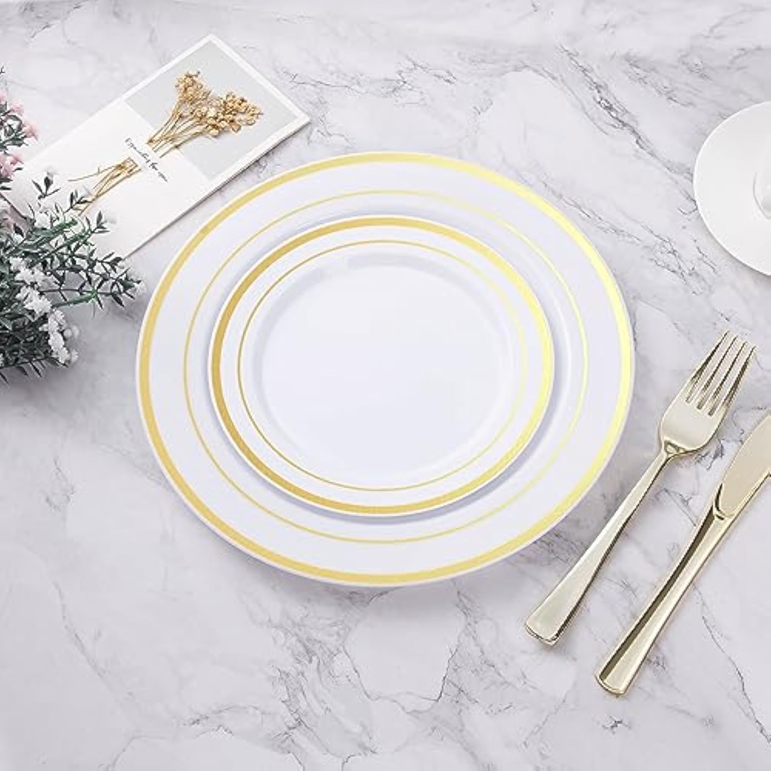 100Pcs Gold Plastic Plates, 10.25 Inch Disposable Dinner Plate Party With Gold Rim For Christmas, Thanksgiving, Heavy Duty Disposable Plastic Plates For Party, Wedding And Birthday, Events