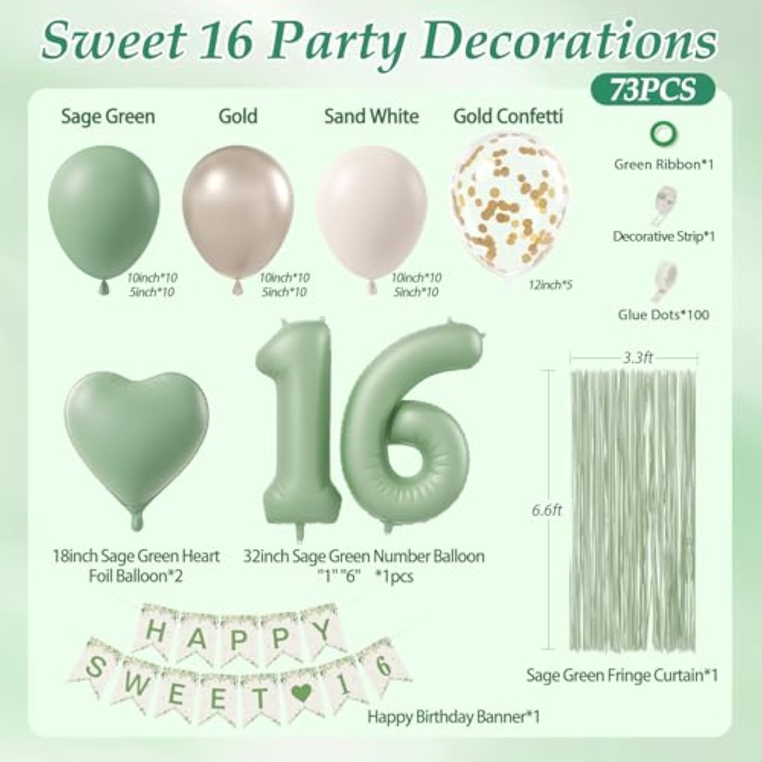 73Pcs Sweet 16 Party Decorations, 16 Birthday Decorations For Girls With 16Th Birthday Banner 16 Balloon Number Fringe Curtain Sage Green Sand White Gold Balloons For Sweet 16 Birthday Decorations