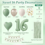 73Pcs Sweet 16 Party Decorations, 16 Birthday Decorations For Girls With 16Th Birthday Banner 16 Balloon Number Fringe Curtain Sage Green Sand White Gold Balloons For Sweet 16 Birthday Decorations