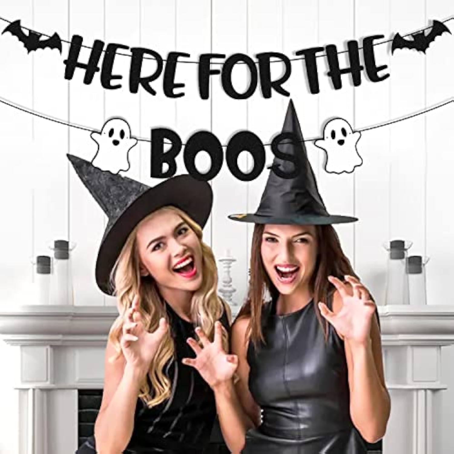 Here for The Boos Banner Halloween Ghost Bat Pumpkin Happy Boo Day Party Decor