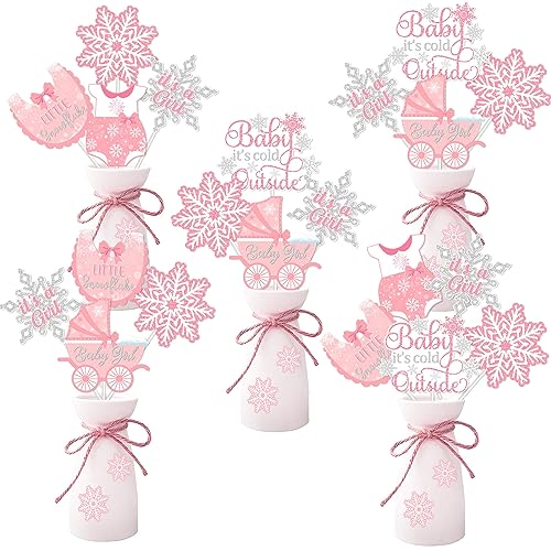 24pcs Winter Snowflake Baby It's Cold Outside Centerpieces Sticks Baby Shower Decorations for Girl, Pink White Little Snowflake It's A Girl Table Toppers Gender Reveal Party Supplies