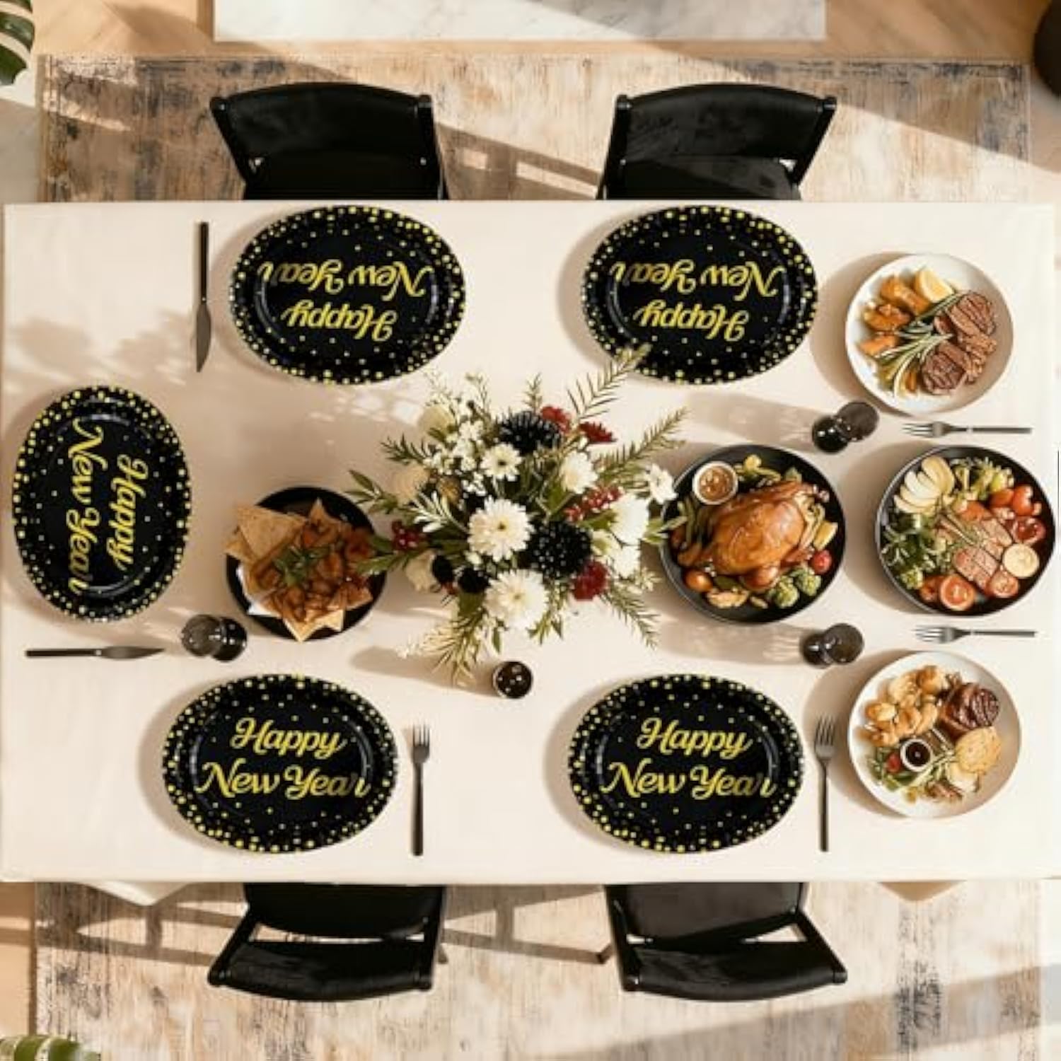 50Pcs Happy New Year Oval Paper Plates 10" X 12" Large Heavy Duty Disposable Black And Gold 2026 New Years Eve Dessert Plates Platters For 2026 New Year'S Eve Holiday Christmas Party Supplies