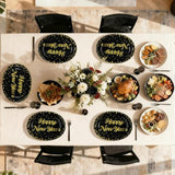 50Pcs Happy New Year Oval Paper Plates 10" X 12" Large Heavy Duty Disposable Black And Gold 2026 New Years Eve Dessert Plates Platters For 2026 New Year'S Eve Holiday Christmas Party Supplies