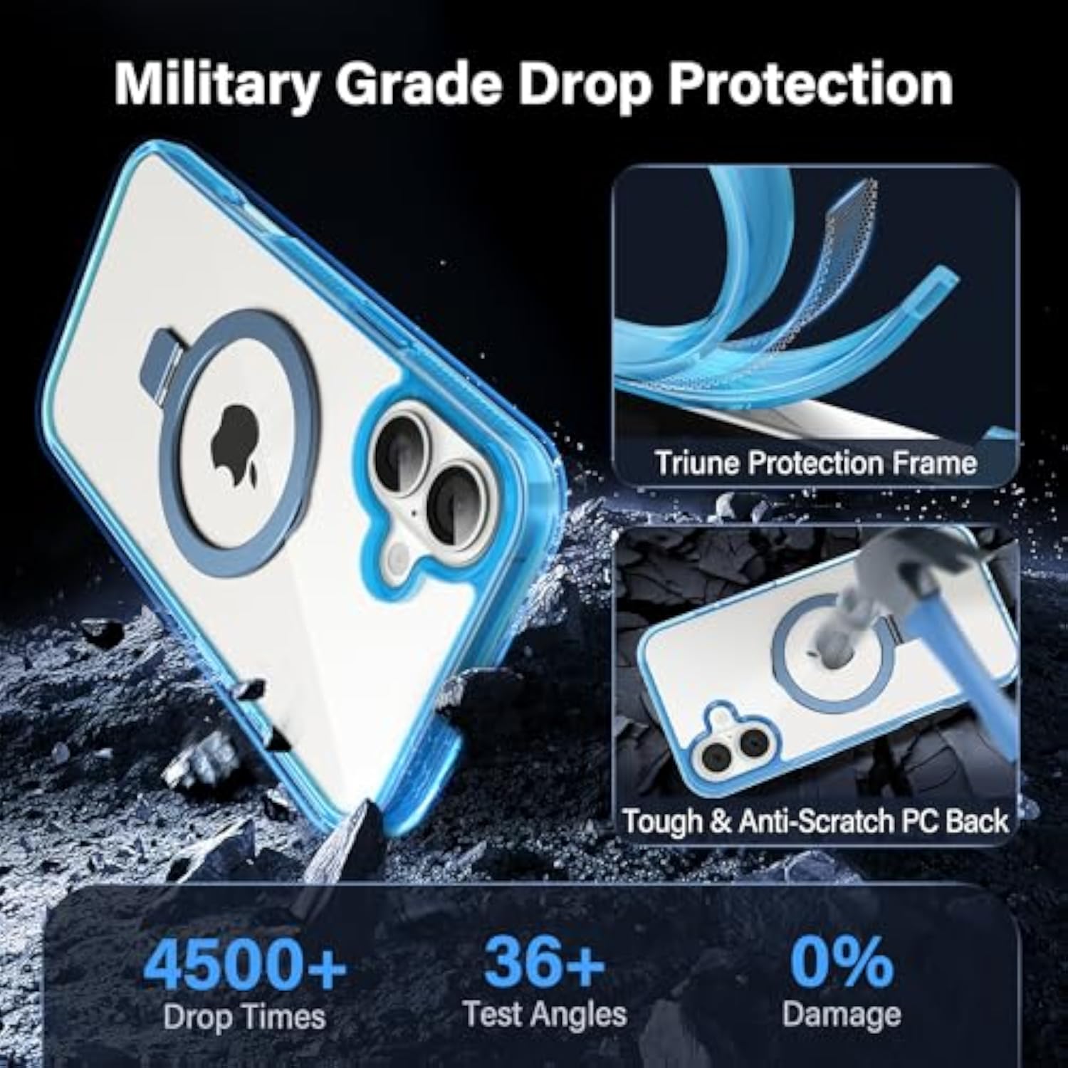Clear Blue Magnetic Case for iPhone 6.1" - Built-in Invisible Stand Compatible with MagSafe Military Grade Drop Protection Anti-Yellowing Hard Back Silicone Edge Cover