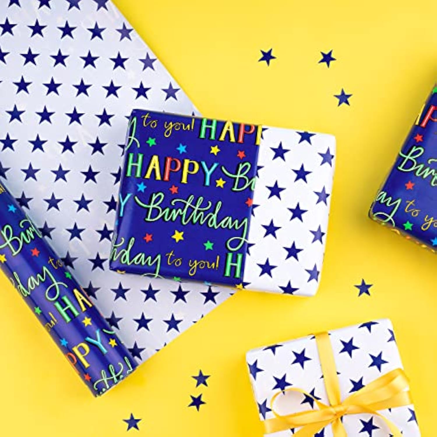 Reversible Birthday Wrapping Paper - Mini Roll - 17 Inch X 33 Feet - Blue Star Happy Birthday Wrapping Paper For Men, Adult, Boy, Baby Shower, Holiday