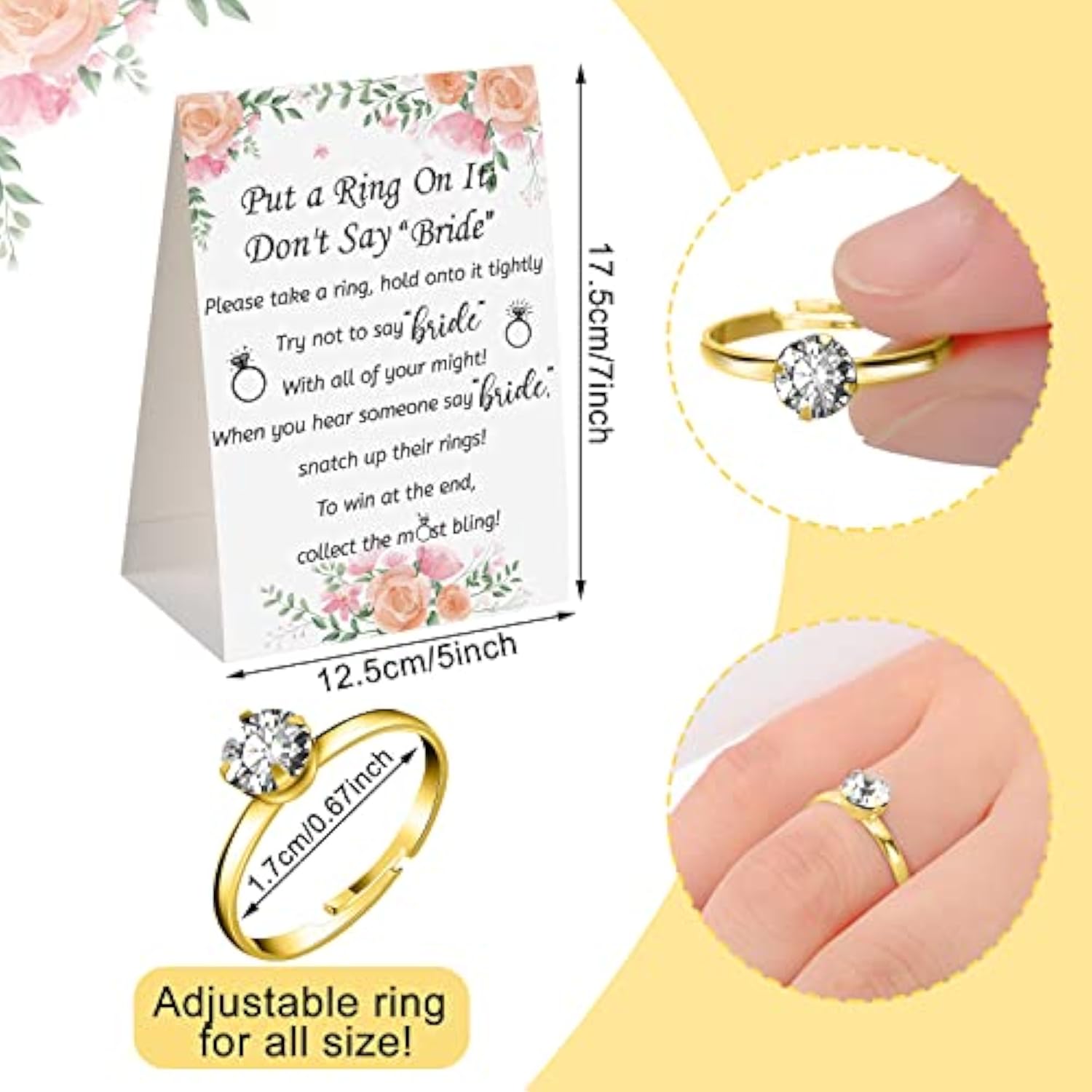 Put A Ring On It Bridal Shower Game With 50 Fake Rings, Rustic Greenery Theme Wedding Shower Games Wedding And Engagement Rings And Not Say Bride Rules Cards(Bright Flowers,Gold)