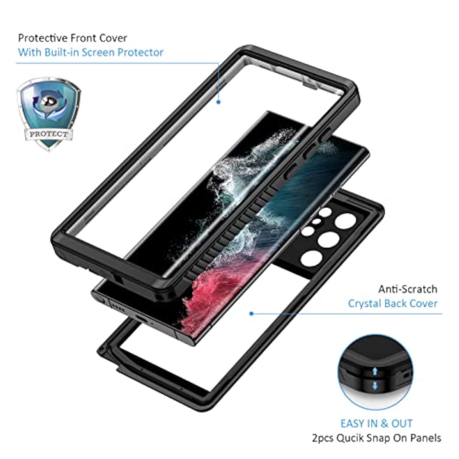 Samsung Galaxy S22 Ultra Heavy Duty Full Body Protective Case with Built-in Screen Protector, IP68 Waterproof Dustproof, Black/Clear