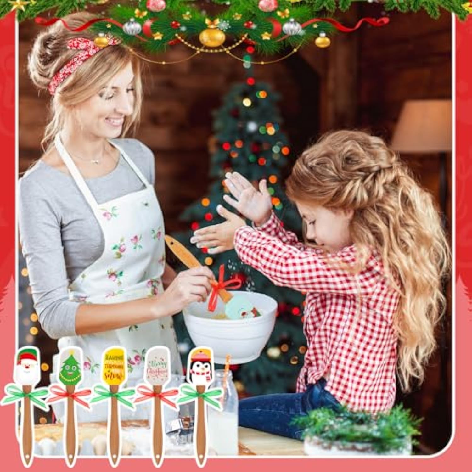 10 Sets Christmas Silicone Spatula Cake Spatula Bulk Cooking Scraper With Wooden Handle Xmas Greeting Card Ribbon For Christmas Decoration Holiday Gifts Kitchen Party Favors (Cute Style)