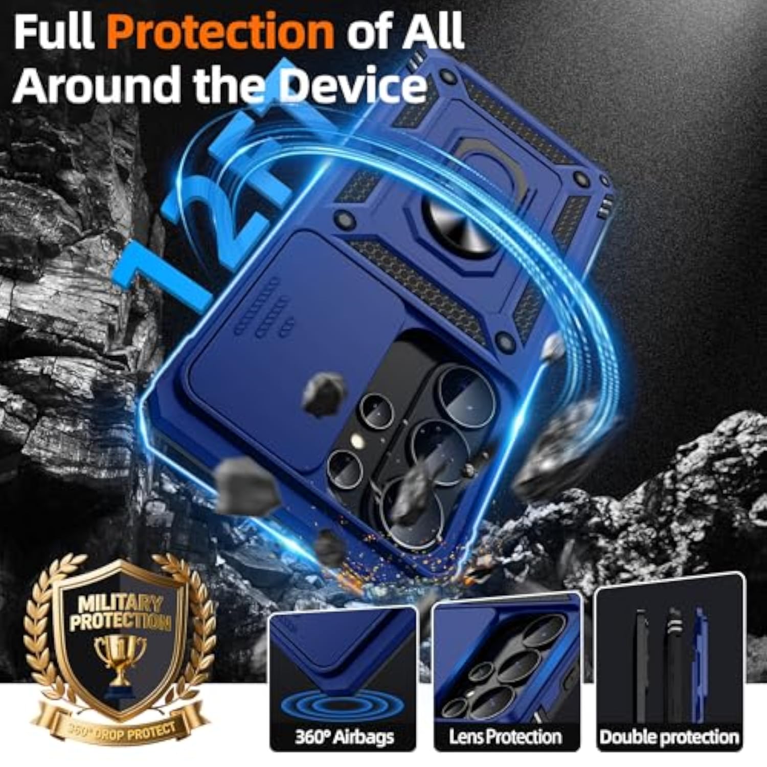 Samsung Galaxy S26 Ultra Case with Camera Lens Cover & HD Screen Protector 2 Pack, 10FT Military Grade Drop Protection Magnetic Ring Holder Kickstand Case for Galaxy S26 Ultra Blue