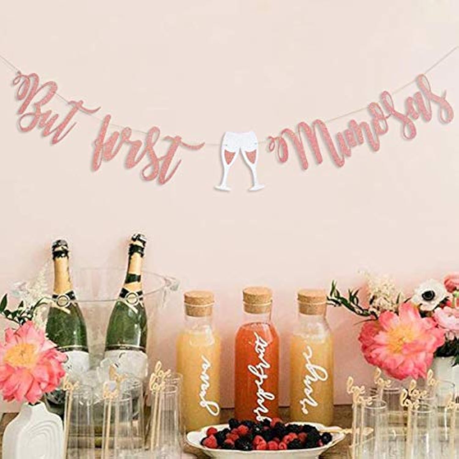 Rose Gold “But First, Mimosas” Banner – Mimosa Bar Sign for Bridal Shower, Baby Shower, Bachelorette, Wedding & Brunch Parties