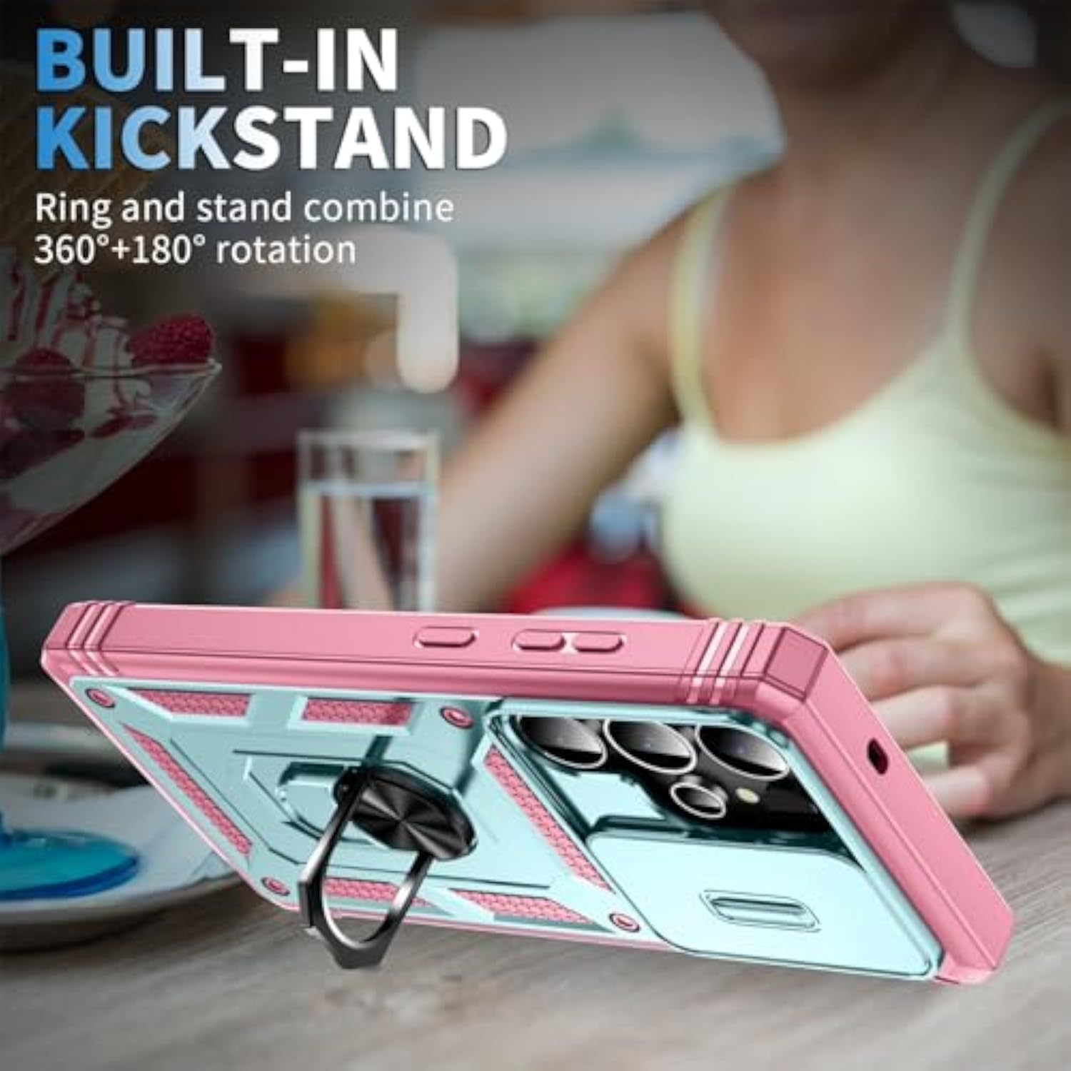 Galaxy S25 Ultra Protective Case with Slide Lens and Kickstand, Shockproof Impact Resistant Cover for Samsung Galaxy S25 Ultra (Pink Green)