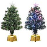 24Inch Green Pre-Lit Fiber Optic Christmas Tree,Tabletop Artificial Mini Xmas Tree With Gold Base Pot, Stars For Holiday Home Decorations