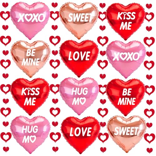 Valentines Day Decorations, 12pcs Valentines Day Balloons, Red Heart Balloons and Love Foil Balloons, Fake Rose Petals Wedding Backdrop Party Supplies