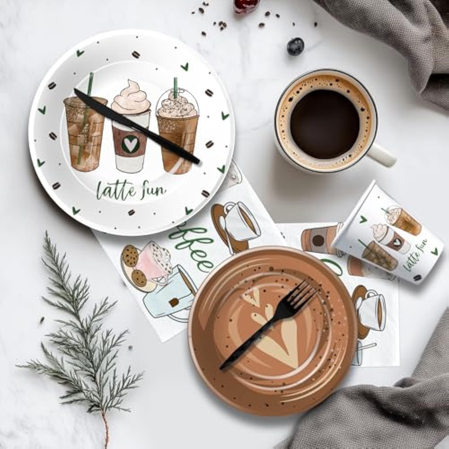 Coffee Party Decorations, Latte Fun Coffee Birthday Party Supplies, Paper Plates And Napkins Table Decorations, Cups, Tablecloth, Frappe Birthday Banner, Disposable Cutlery, Serves 24