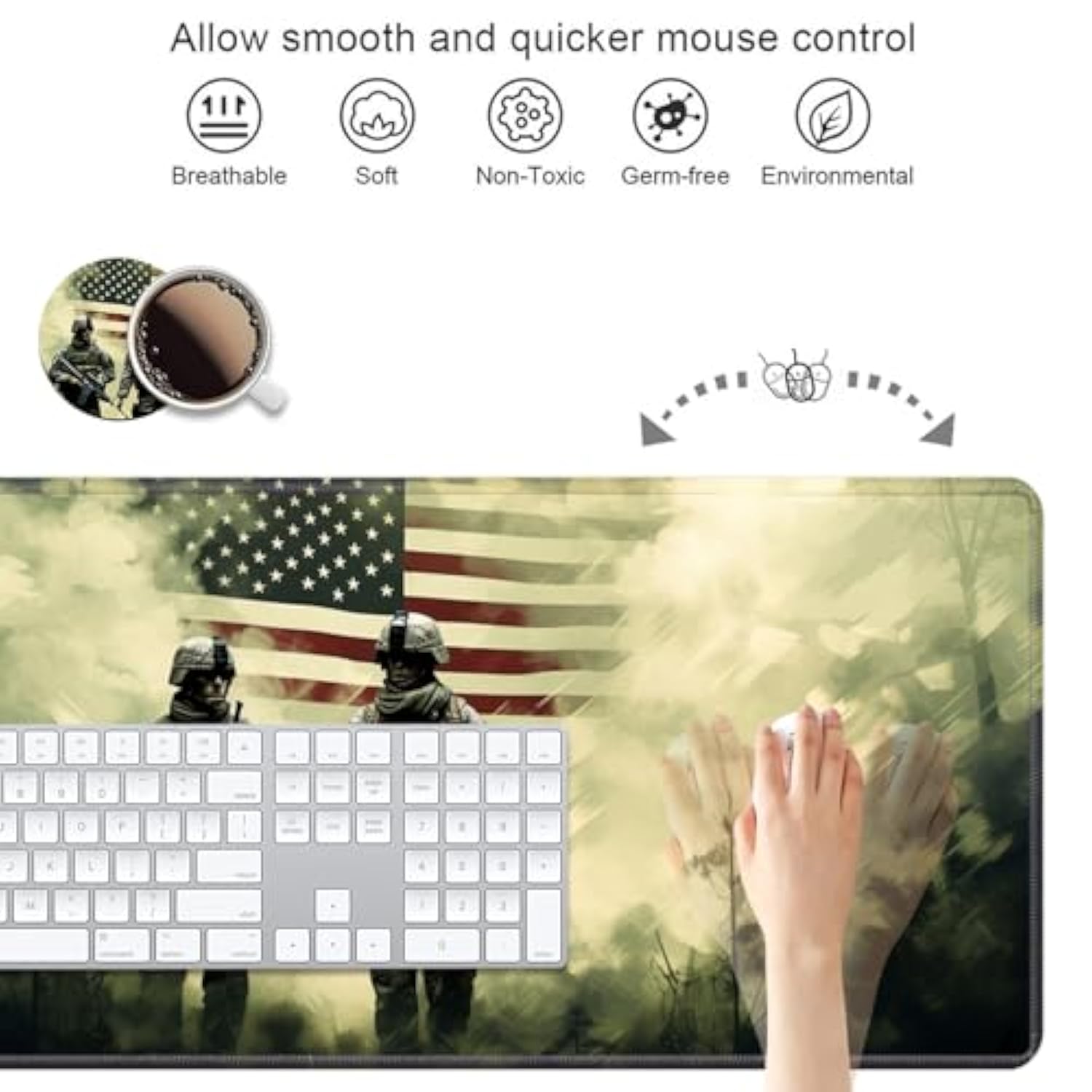 Desk Pad Mat Gaming Mouse Pads With Coasters Set, American Military Army Troops Soldiers Large Extended Desk Mousepad With Stitched Edge & Non-Slip Base For Work, Game, Office, Home (35.4"X 15.7")