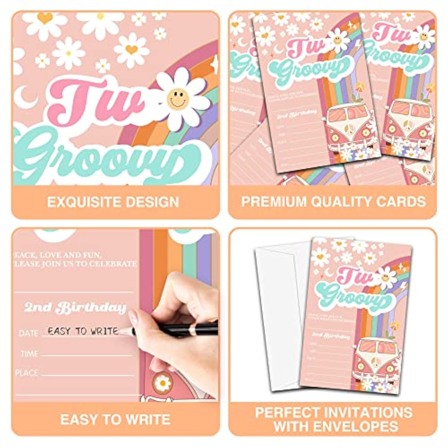 Birthday Invitations, 4"X6" 2Nd Birthday Party Invitations With Envelopes For Rainbow Two Groovy Floral Party Decorations Supplies(20 Pieces)-C11