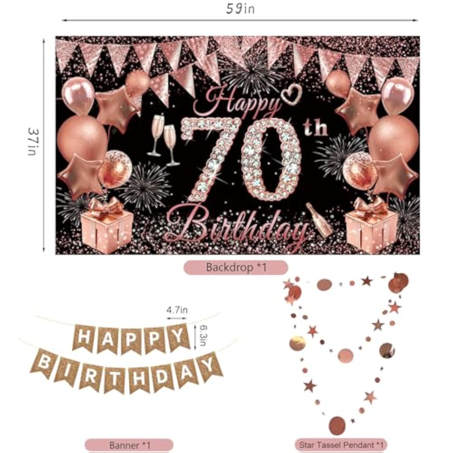 70Th Birthday Decorations For Women, Rose Gold Happy 70Th Birthday Decorations Banner Balloons Pompoms Backdrop Star Streamer, 70Th Birthday Party Supplies Set