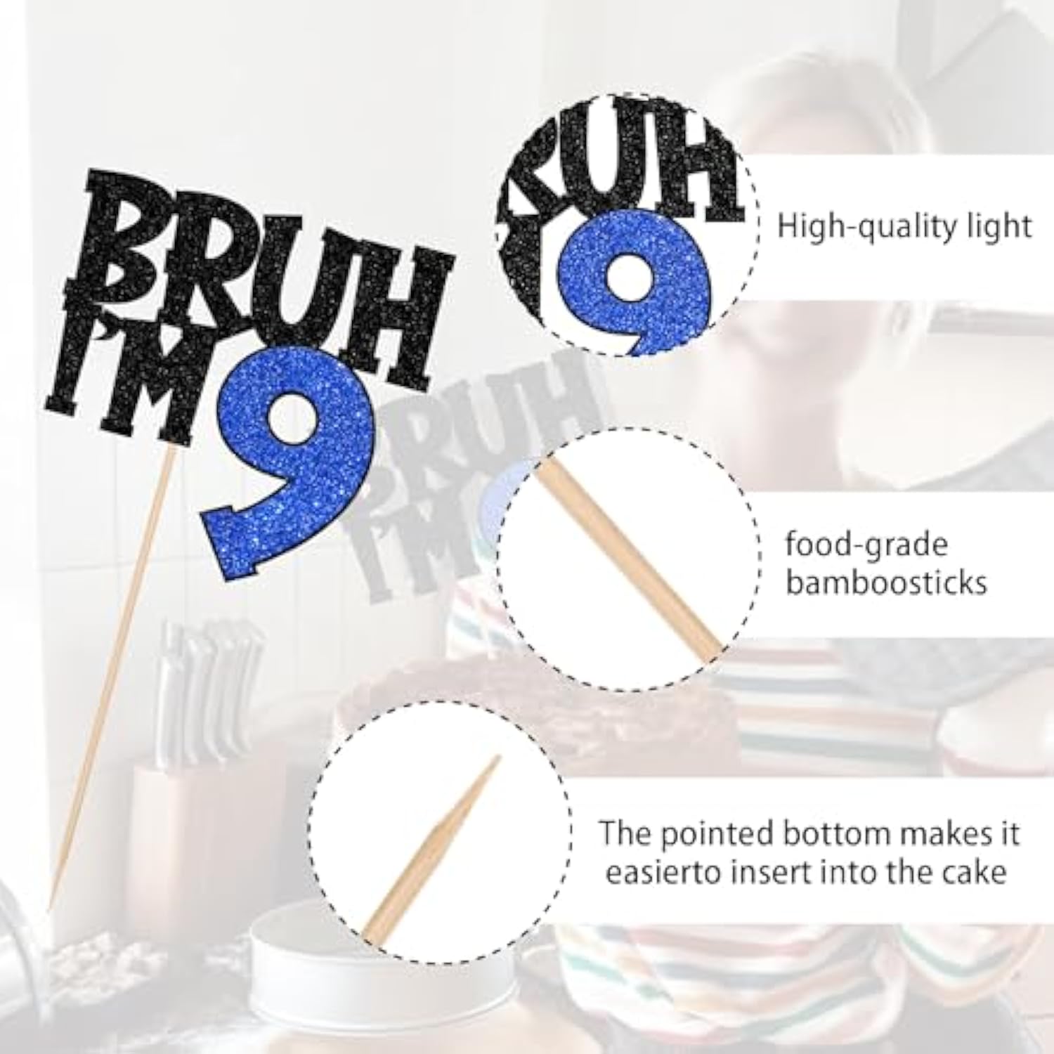 Bruh I'm 9 Glitter Cake Topper Blue Happy 9th Birthday Party Decor