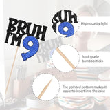 Bruh I'm 9 Glitter Cake Topper Blue Happy 9th Birthday Party Decor