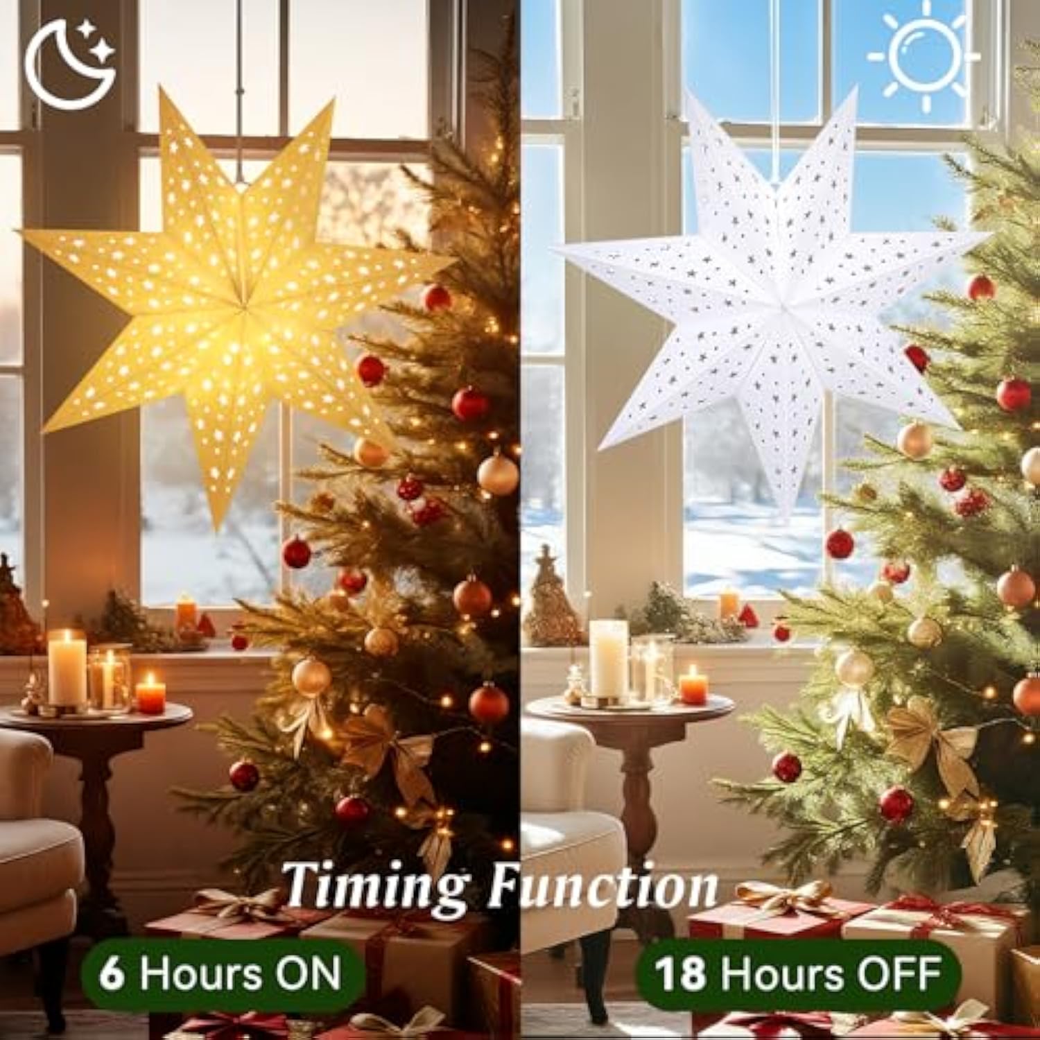 Christmas Paper Star Lantern 3 Pack, Hanging 7-Pointed Star Lights With Hollowed Stars, Led Paper Lanterns With 6H Timer