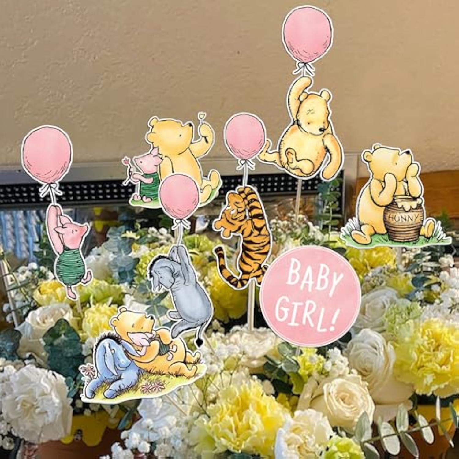 16Pcs Winnie Centerpieces For Baby Shower Decorations Girls Table Signs For Girls Baby Shower Birthday Party Decorations