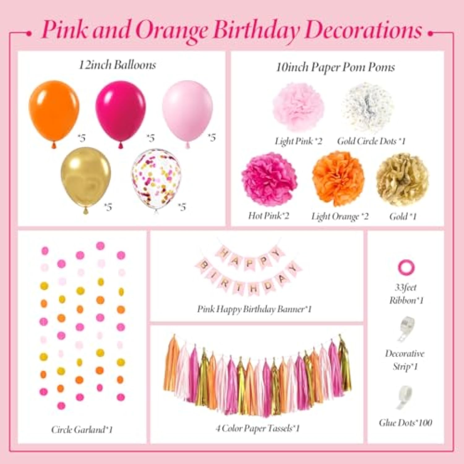 Hot Pink & Orange Birthday Decorations - Gold Balloons, Paper Pompoms, Tassels, Banner & Circle Garland For Teen Women