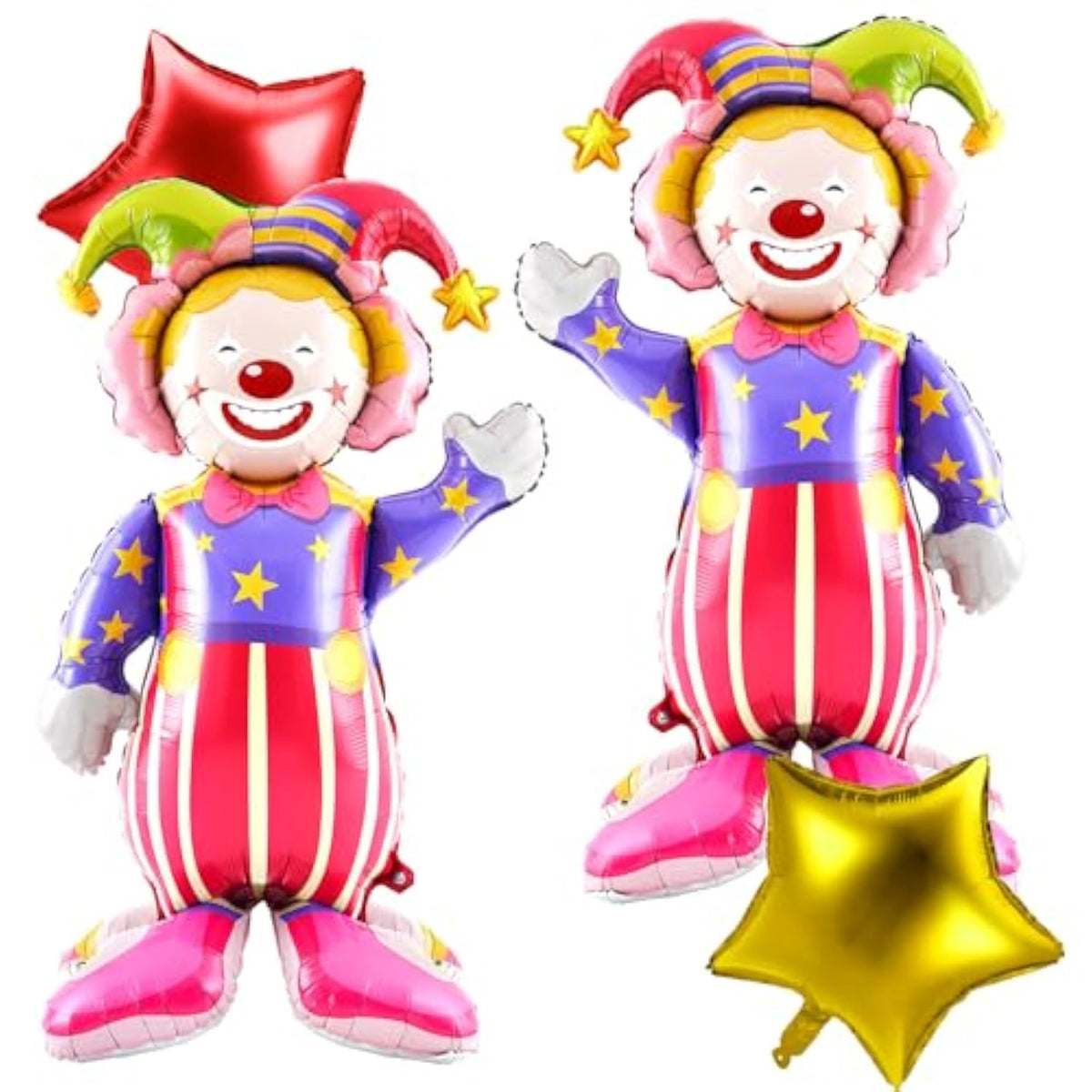 2 Pcs 3D Self Standing Clown Balloons 60 Inch 2 Pcs Star 10 Inch Carnival Party Decorations Circus Clown Aluminum Foil Balloons For Carnival Birthday Themed Parties