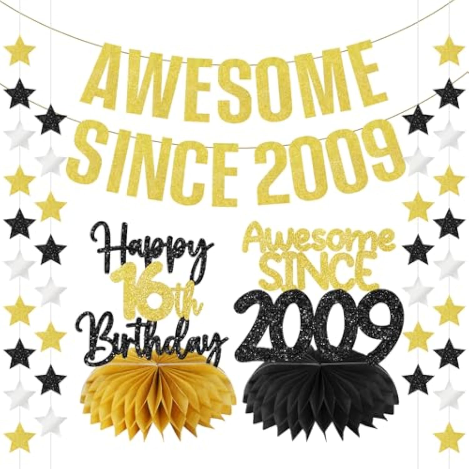 16Th Birthday Decorations Awesome Since 2009 Gold Glitter Banner For Boys Girls, 4Pcs Black Gold 16 Birthday Hanging Sign Party Supplies, Sixteen Year Old Bday Table Honeycomb Centerpieces