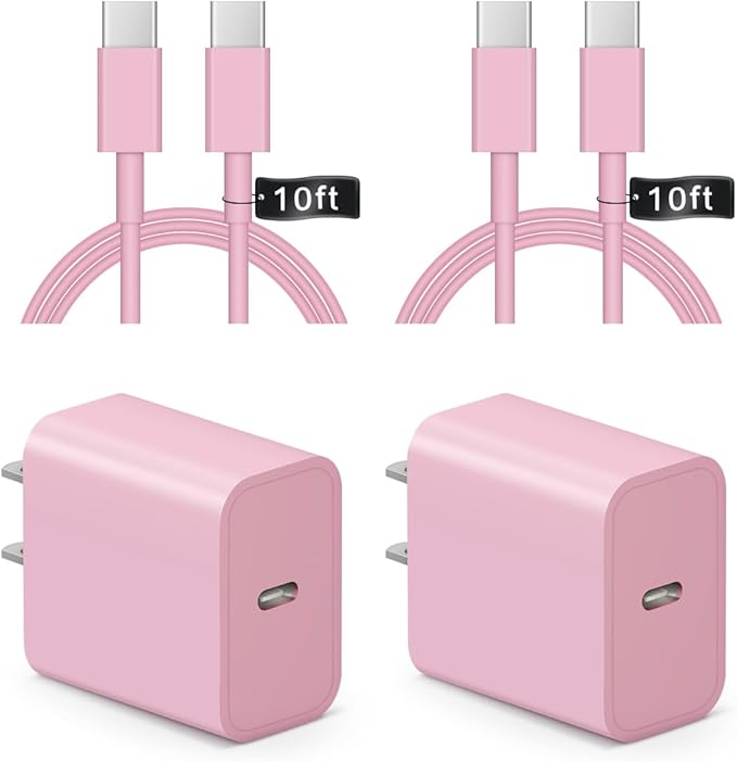 20W USB C Fast Wall Charger with 10FT USB C to USB C Cable for iPhone 17 16 15 iPad
