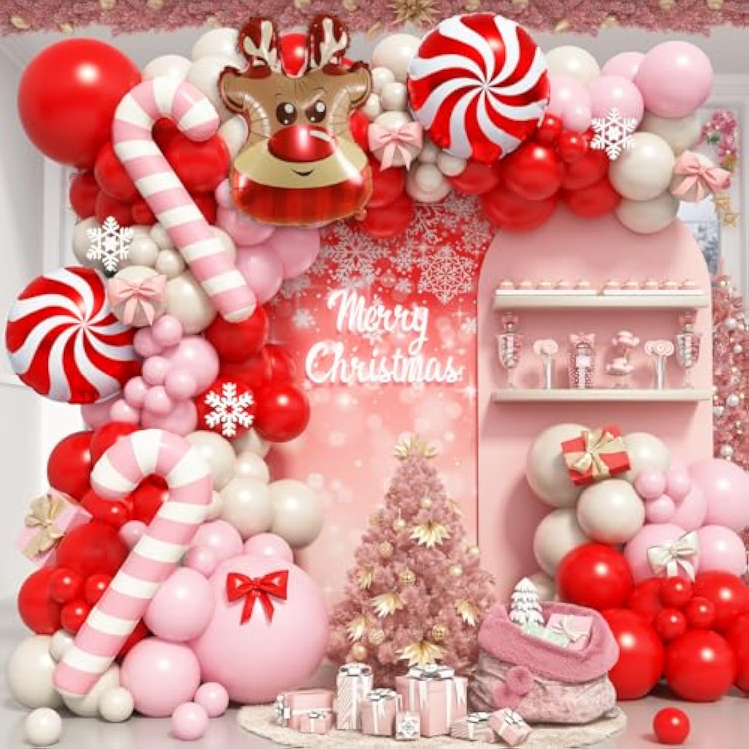 Pink Christmas Balloon Arch Red White Reindeer Candy Cane Party Decorations