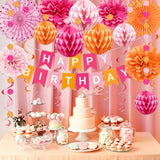 Light-Hot Pink Orange 21st Birthday Party Decorations - Women Happy Birthday Banner with Hanging Star Streamers, Rose Tissue Pom Poms Decor, Fall Boho Flower Fans Honeycomb Balls Supplies