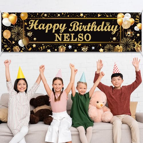 Personalized Birthday Banner Happy Birthday Party Decoration Custom DIY Black Gold Birthday Party Backdrop with Name Alphabet Letter Sticker Happy Birthday Sign Party Supplies for Men Women