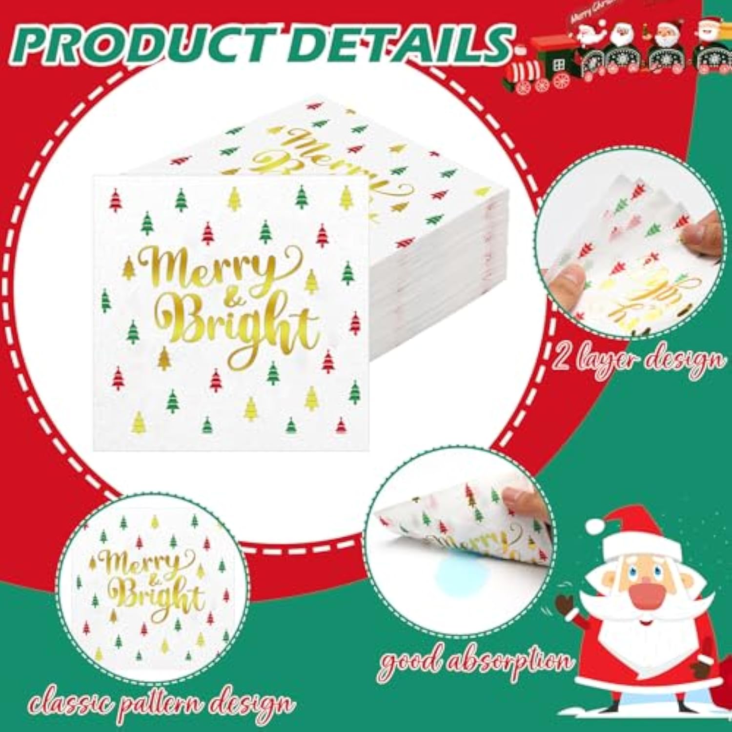 100 Pcs Christmas Cocktail Napkins Merry & Bright Beverage Napkins Funny Holiday Napkins For Dinner Christmas Party, 2 Ply, 5 X 5 Inch