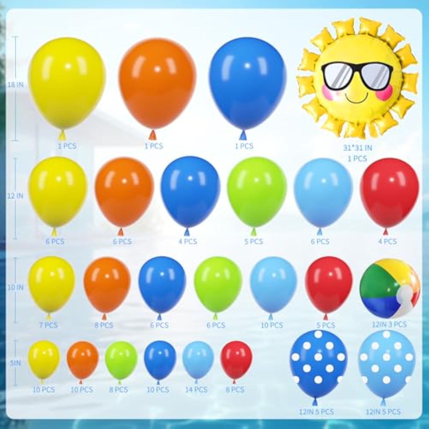 149 Pcs Summer Pool Beach Party Decorations Tropical Hawaiian Luau Balloon Garland Arch Kit Beach Ball Sun Foil Balloons For Summer Splish Splash Pool Party Birthday Decorations Supplies