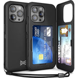 Cx Slim For Iphone 15 Pro Max Case Wallet | Protective Shockproof Heavy Duty Cover With Hidden Card Holder & Card Slot | Mirror & Wrist Strap Included - Black