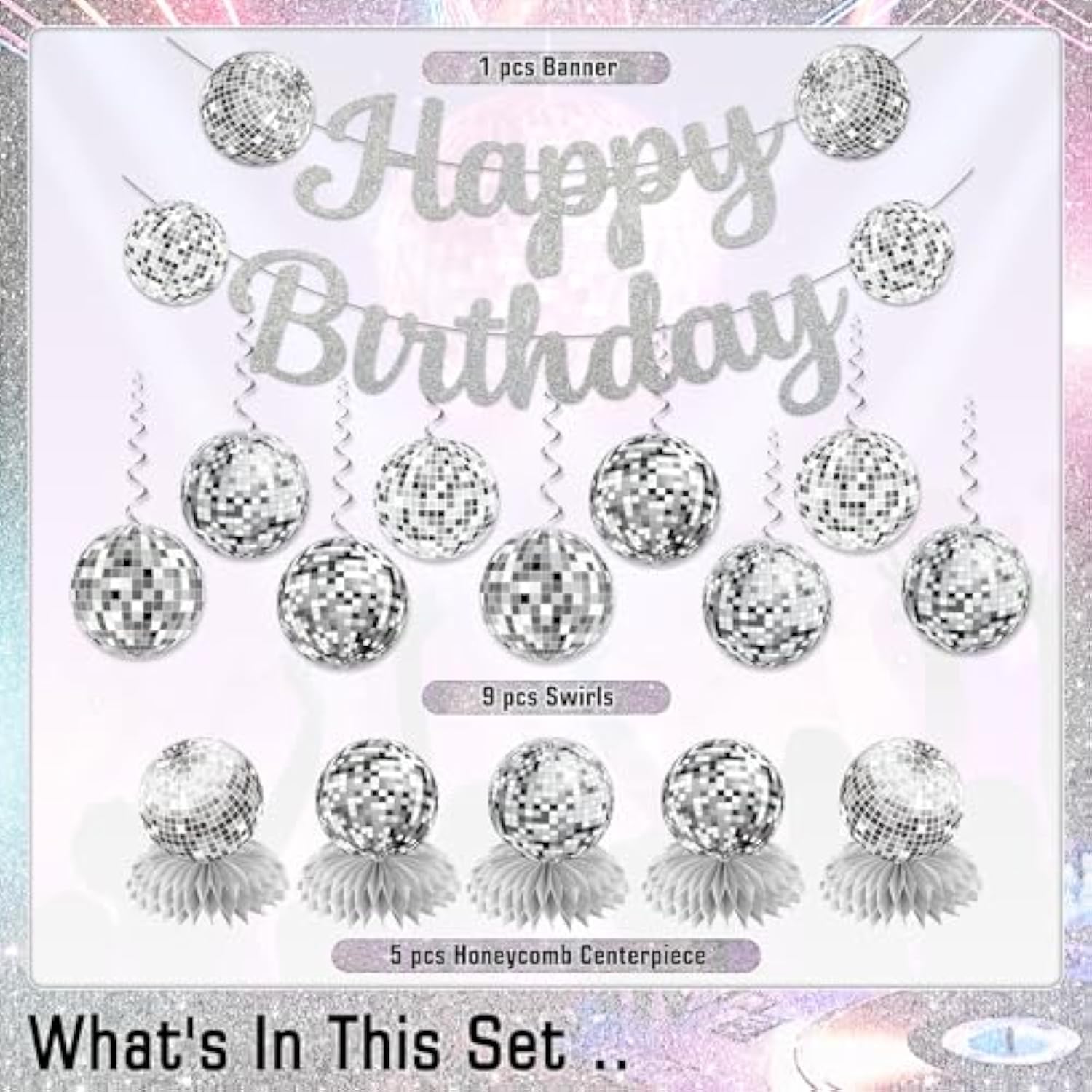 Disco Party Decorations Silver Disco Ball Banner Honeycomb Centerpieces Pack