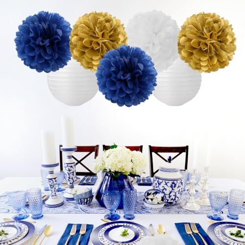 Navy-Blue Gold Party-Decorations Paper-Flowers Lanterns - 15PCS Royal White Baby Bridal Shower Tissue Pom Poms Streamers, Bachelorette Birthday Wedding Graduation Hanging Supplies Decor