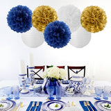 Navy-Blue Gold Party-Decorations Paper-Flowers Lanterns - 15PCS Royal White Baby Bridal Shower Tissue Pom Poms Streamers, Bachelorette Birthday Wedding Graduation Hanging Supplies Decor