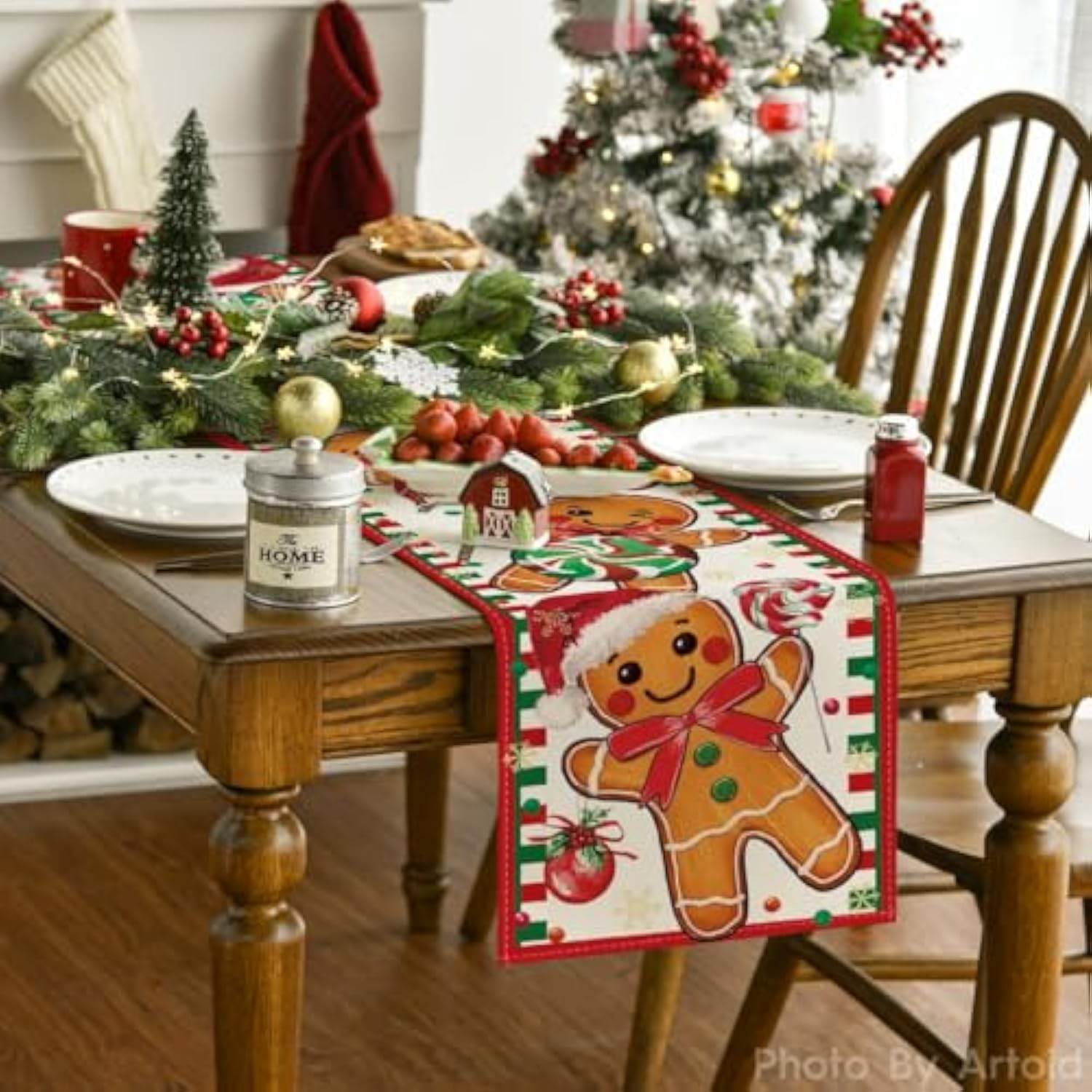 Gingerbread Candy Cane Christmas Table Runner, Seasonal Winter Kitchen Dining Table Decoration For Home Party Decor 13X72 Inch