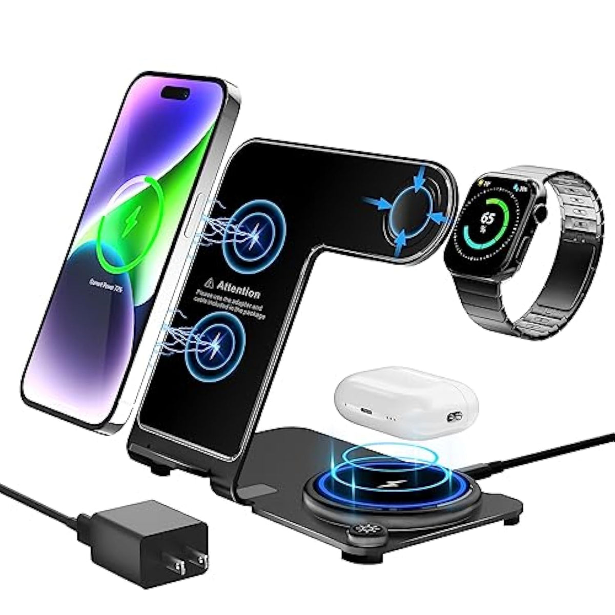 Wireless Charger, Aluminum Alloy 3 In 1 Wireless Charging Station For Apple Iphone/Iwatch/Airpods,Iphone15 14,13,12,11 (Pro, Promax)/Xs/Xr/Xs/X/8(Plus),Iwatch8/7/6/Se/5/4/3/2,Airpods 3/2/Pro